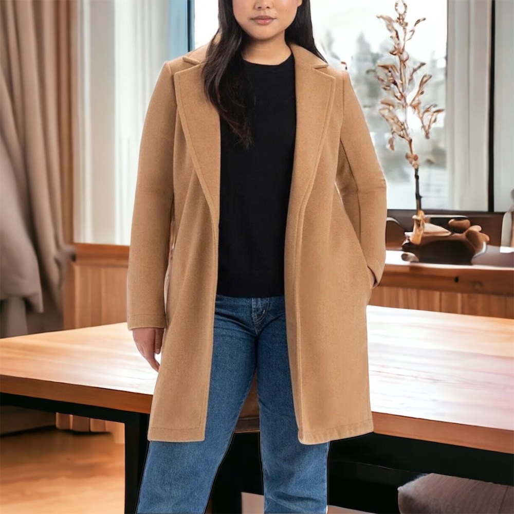 NWT Womens HILARY RADLEY Camel Tan Long Peacoat Open Front Coat